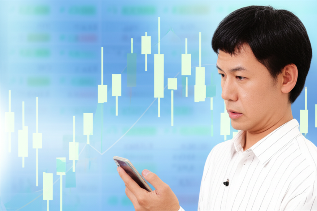 スマートフォンを持っている男性が金融グラフを見つめている様子。