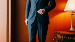 ビジネススーツを着た男性が立っている写真。ネクタイを締めており、フォーマルな印象を与える。