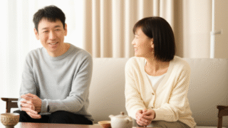 ソファに座ってカジュアルに会話を楽しむ男女の写真。